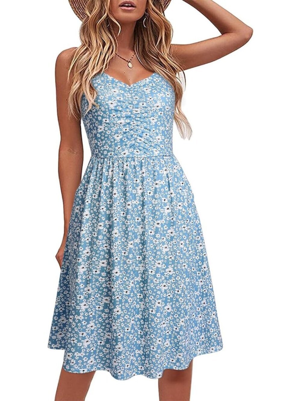Women's Blue White F Sleeveless V Neck A LINE Spaghetti Pockets MIDI Dress